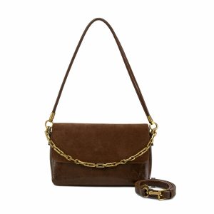 Suede Spliced Flap Shoulder Bag With Chain