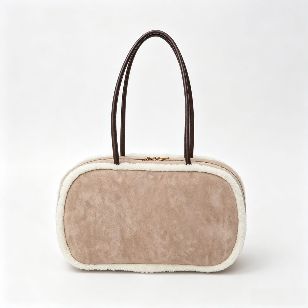 Fleece‑Trimmed Suede Boston Shoulder Bag