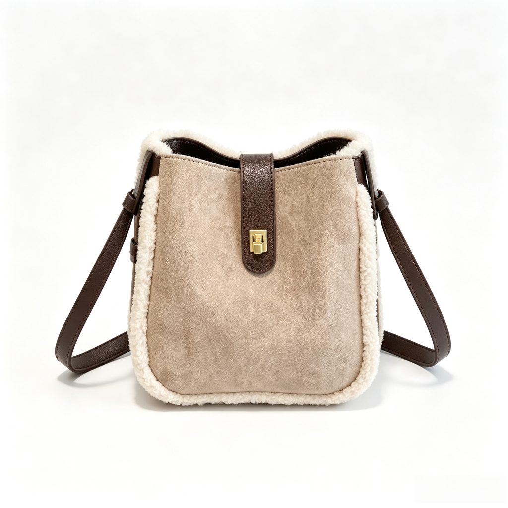 Fleece‑Trimmed Suede Bucket Crossbody Bag